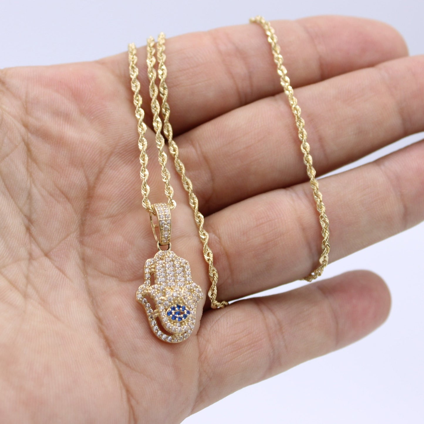 14K Hamsa Pendant Cz Stones with Rope Chain Yellow Gold