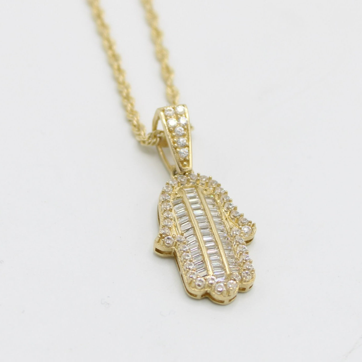 14K Hamsa Pendant Cz Stones/Baguette with Rope Chain Yellow Gold