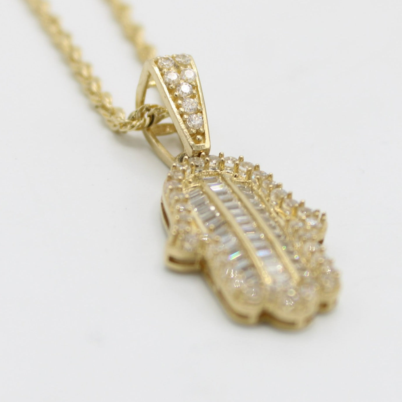 14K Hamsa Pendant Cz Stones/Baguette with Rope Chain Yellow Gold