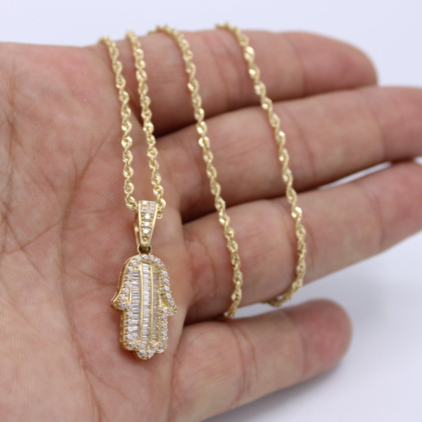 14K Hamsa Pendant Cz Stones/Baguette with Rope Chain Yellow Gold