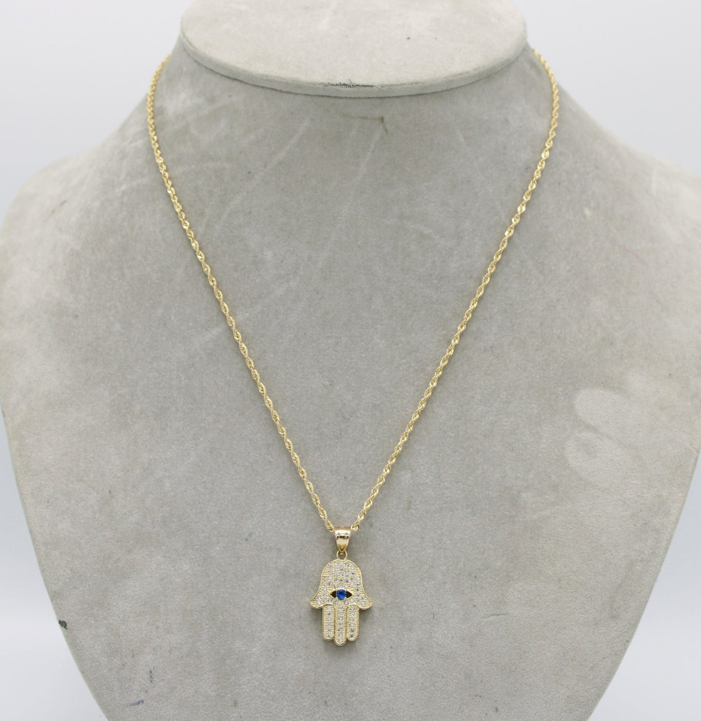 14K Hamsa Pendant Cz Stones with Rope Chain Yellow Gold