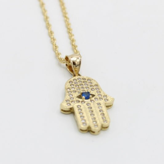 14K Hamsa Pendant Cz Stones with Rope Chain Yellow Gold