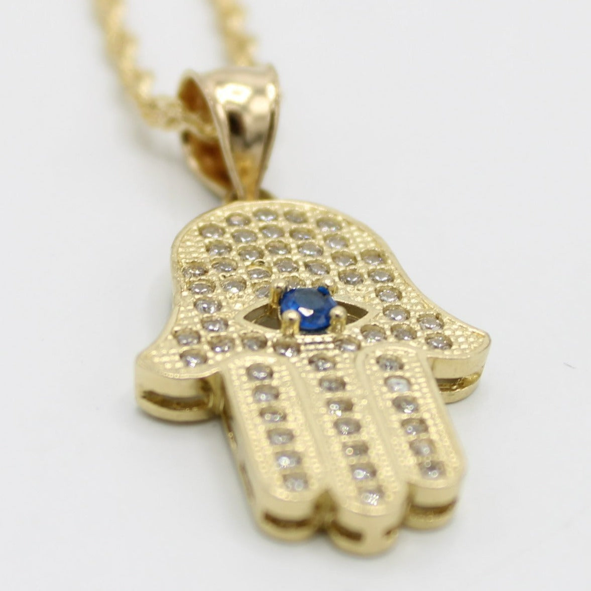 14K Hamsa Pendant Cz Stones with Rope Chain Yellow Gold