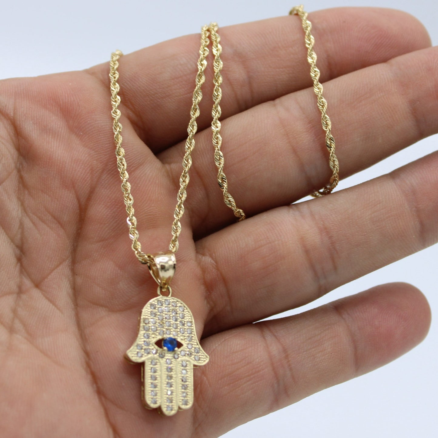 14K Hamsa Pendant Cz Stones with Rope Chain Yellow Gold