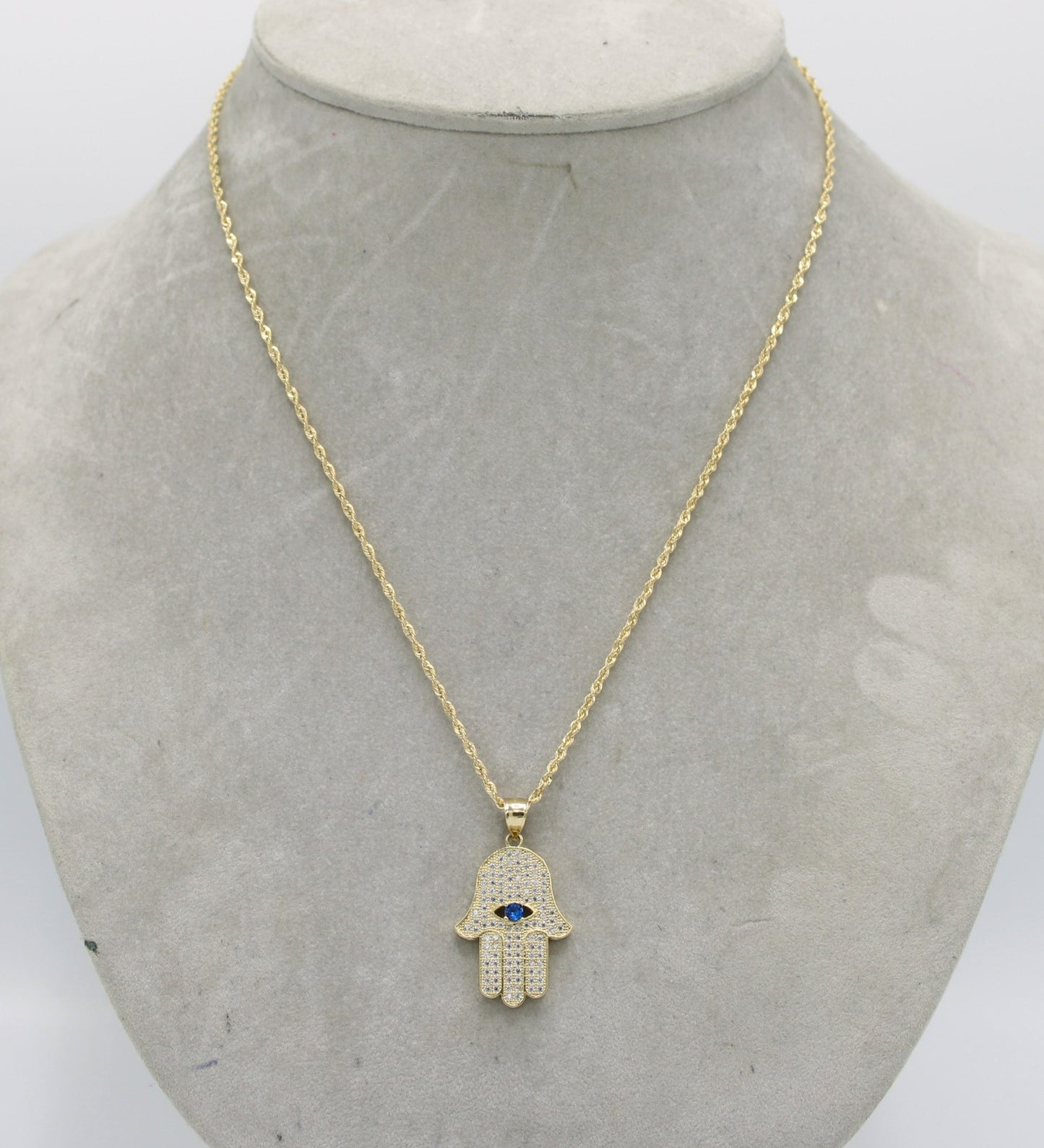 14K Hamsa Pendant Cz Stones with Rope Chain Yellow Gold