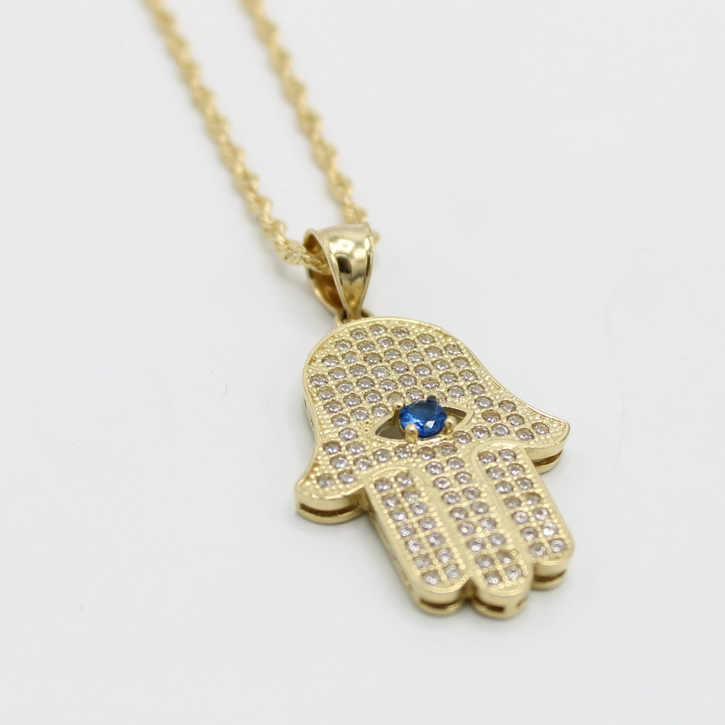 14K Hamsa Pendant Cz Stones with Rope Chain Yellow Gold