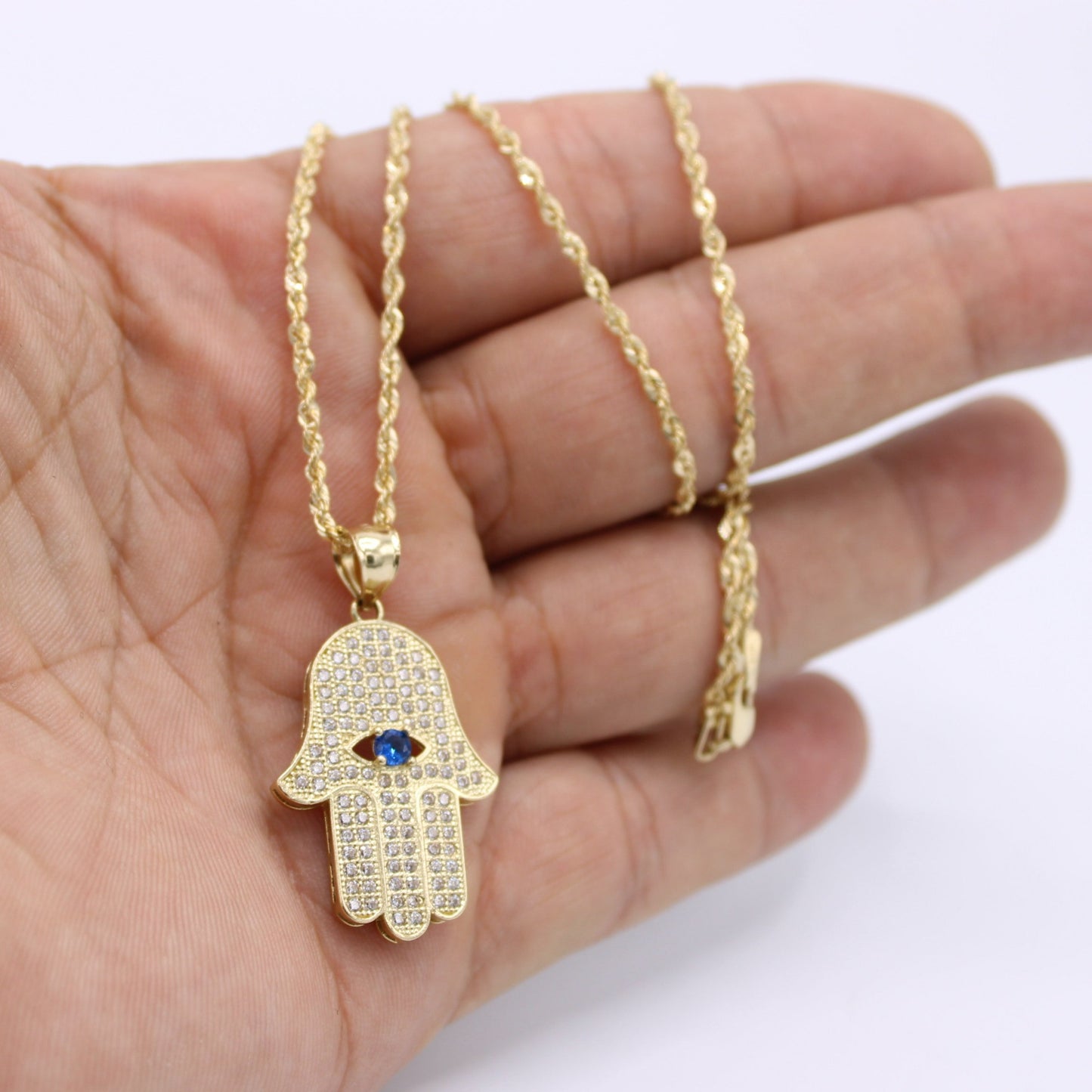 14K Hamsa Pendant Cz Stones with Rope Chain Yellow Gold