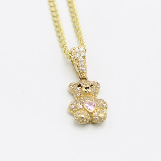 14K Teddy Bear Pendant Cz Stones with Semi-Solid Cuban Chain Yellow Gold