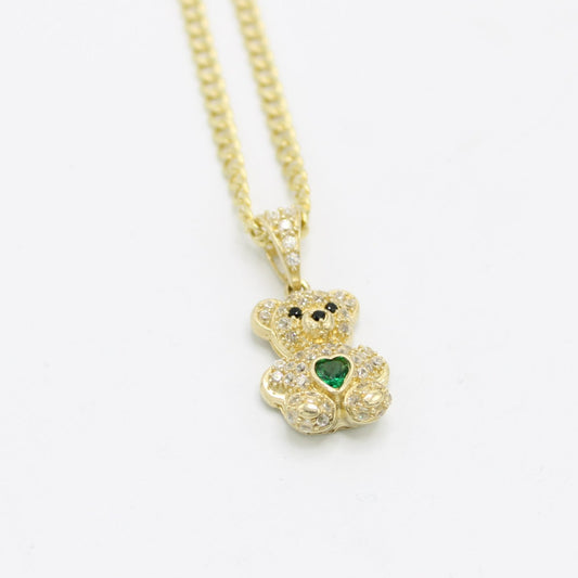 14K Teddy Bear Pendant Cz Stones with Semi-Solid Cuban Chain Yellow Gold