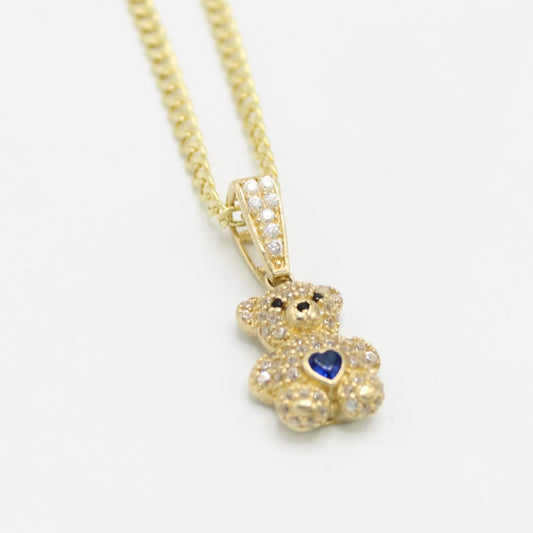 14K Teddy Bear Pendant Cz Stones with Semi-Solid Cuban Chain Yellow Gold