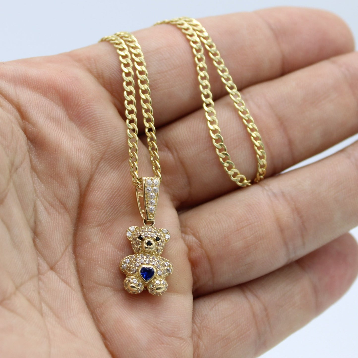 14K Teddy Bear Pendant Cz Stones with Semi-Solid Cuban Chain Yellow Gold