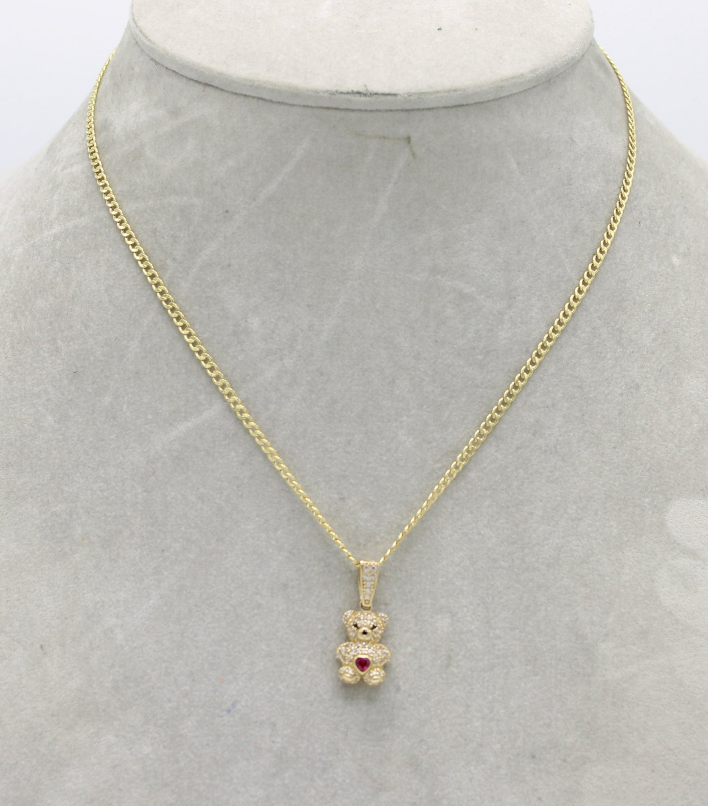 14K Teddy Bear Pendant Cz Stones with Semi-Solid Cuban Chain Yellow Gold