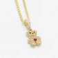 14K Teddy Bear Pendant Cz Stones with Semi-Solid Cuban Chain Yellow Gold