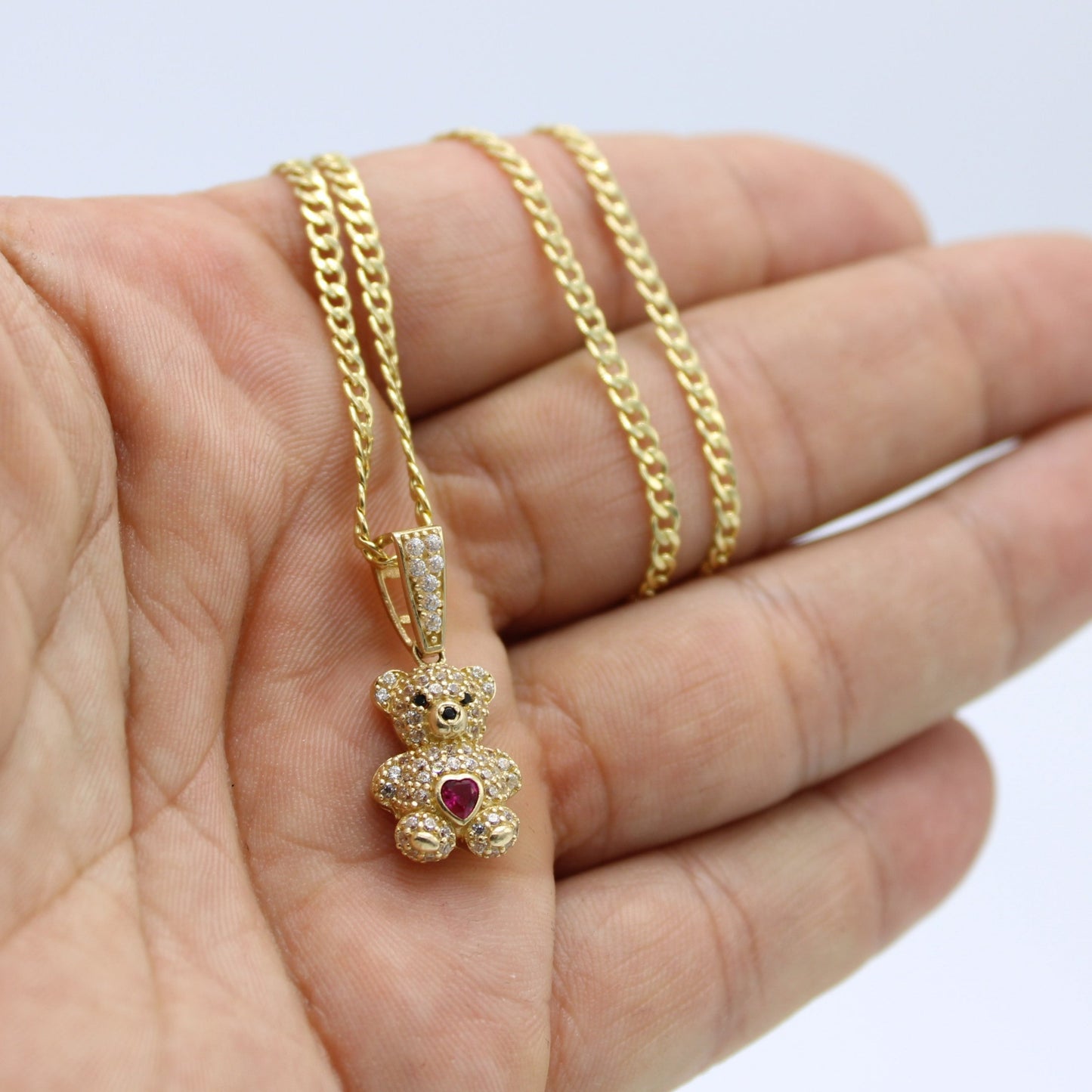 14K Teddy Bear Pendant Cz Stones with Semi-Solid Cuban Chain Yellow Gold