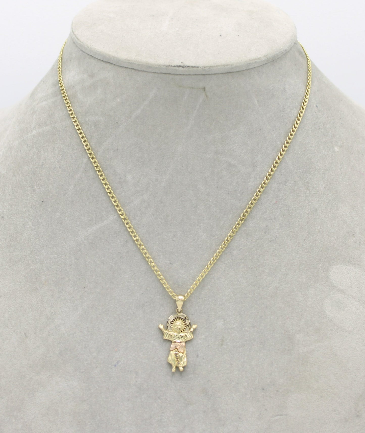 14K Divino Niño Pendant Two Tones with Semi-Solid Cuban Chain Yellow Gold