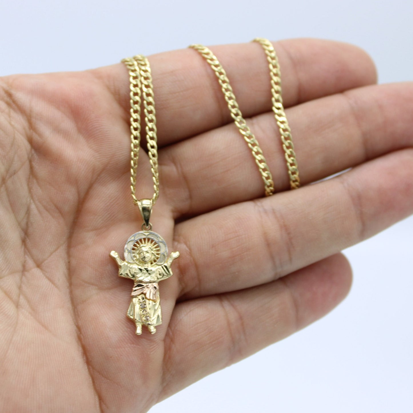 14K Divino Niño Pendant Two Tones with Semi-Solid Cuban Chain Yellow Gold