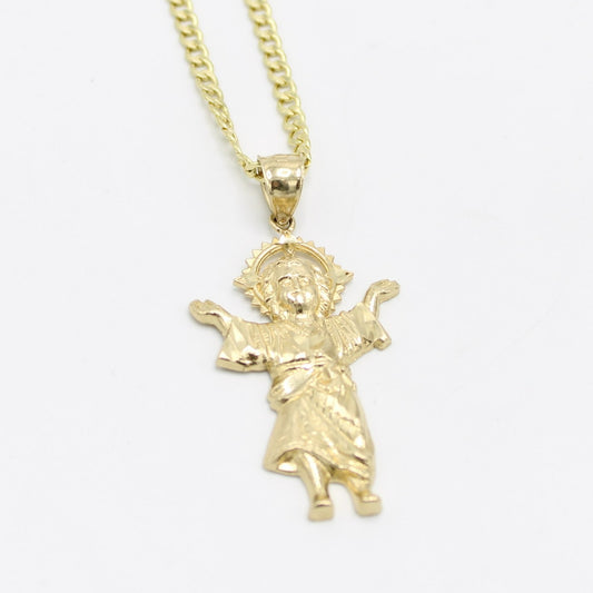 14K Divino Niño Pendant with Semi-Solid Cuban Chain Yellow Gold