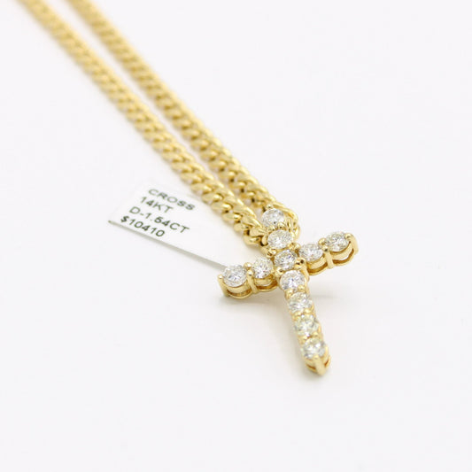 14K VS Diamond Cross Pendant with Semi-Solid Cuban Chain Yellow Gold