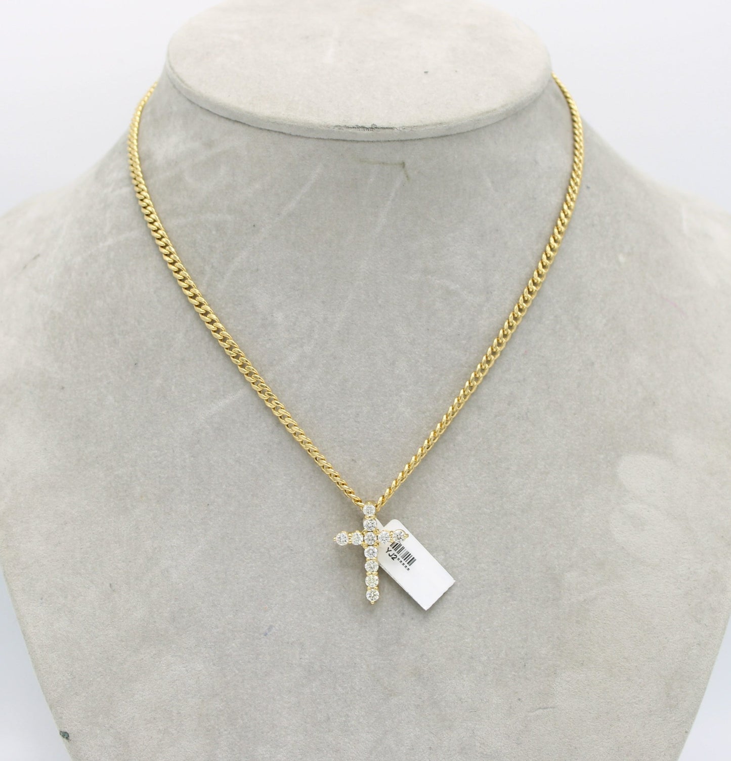 14K VS Diamond Cross Pendant with Semi-Solid Cuban Chain Yellow Gold