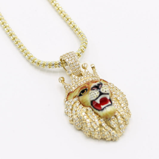 14K VS Diamond Lion King Pendant with Ice Chain Yellow Gold