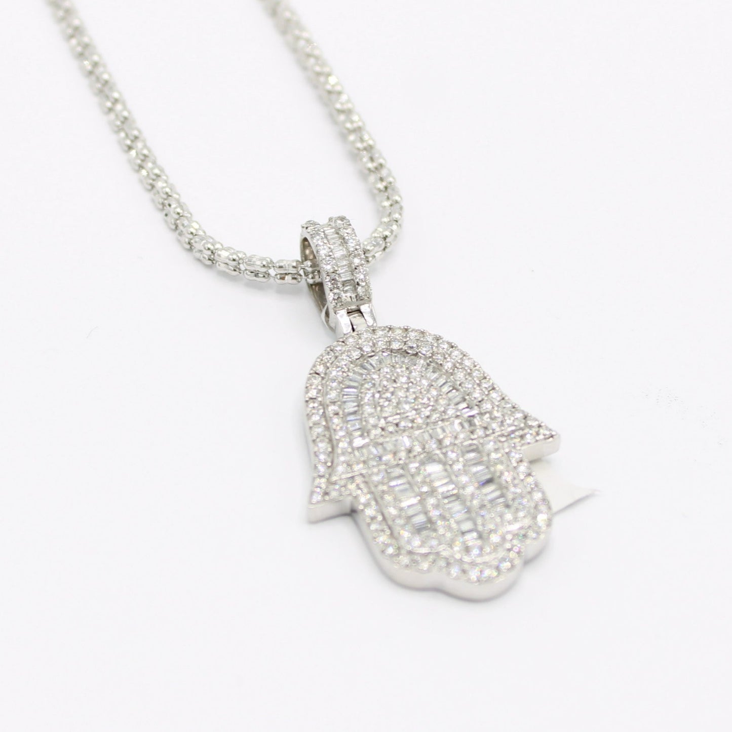 14K VS Diamond/Baguette Hamsa Pendant with Ice Chain White Gold