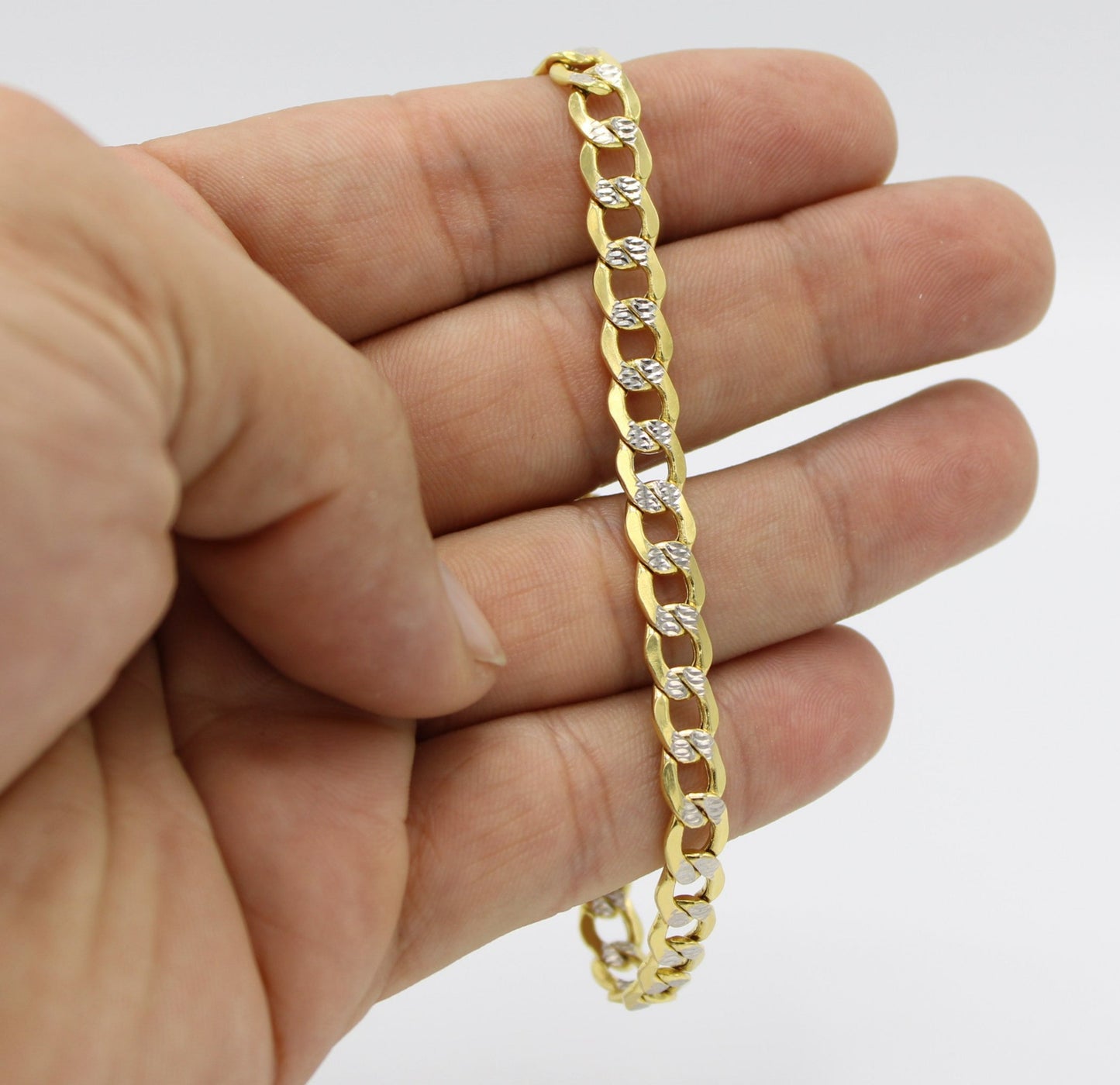 14K Semi-Solid Flat Cuban Bracelet Two Tones Yellow Gold // 7mm  //