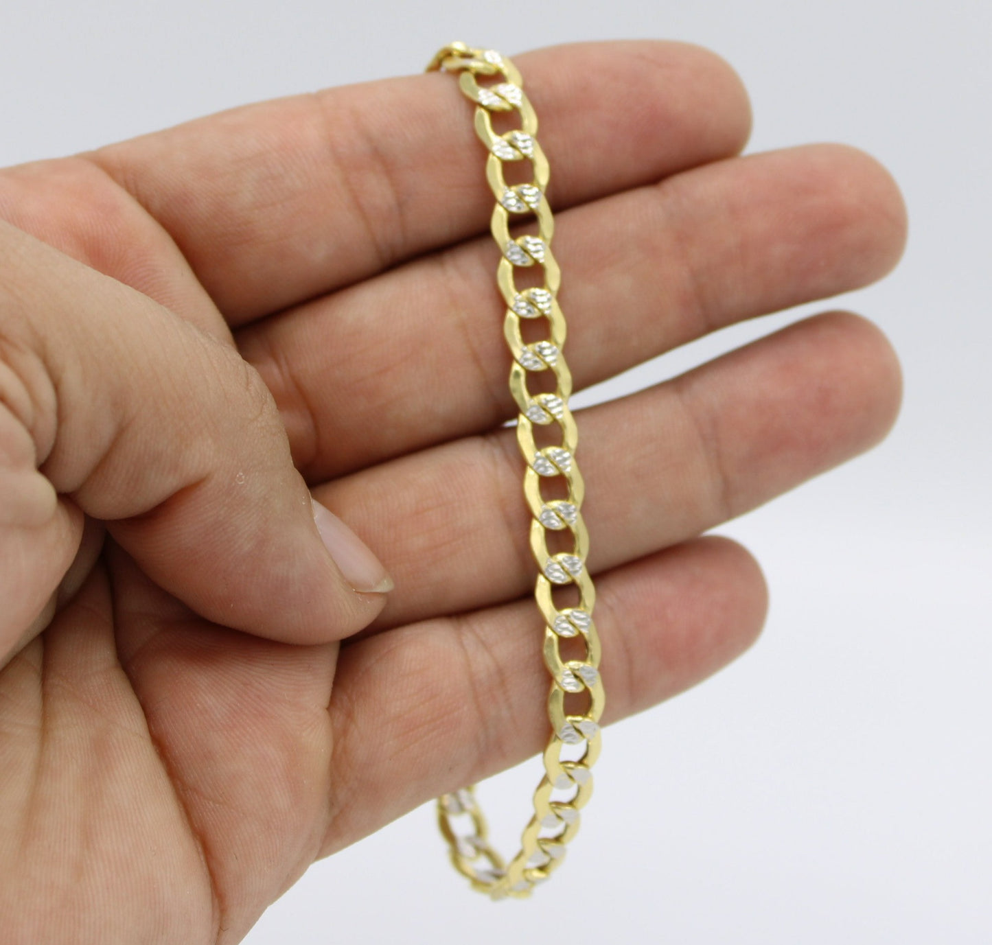 14K Semi-Solid Flat Cuban Bracelet Two Tones Yellow Gold // 7mm  //