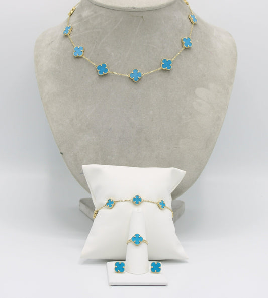 14K Fancy Set (Sky Blue) Necklace - Bangle - Earrings - Ring Yellow Gold