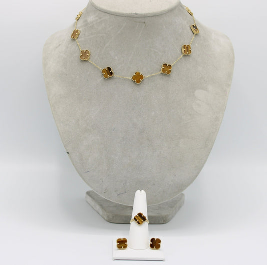 14K Fancy Set (Brown) Necklace - Earrings - Ring Yellow Gold