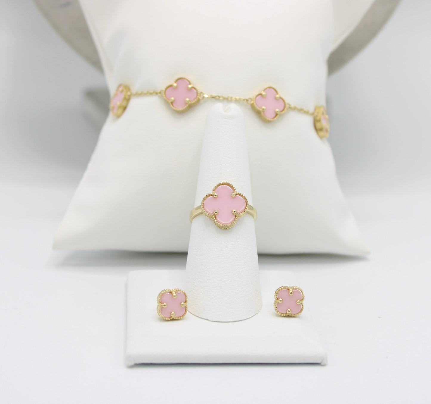 14K Fancy Set (Pink) Necklace - Bangle - Earrings - Ring Yellow Gold