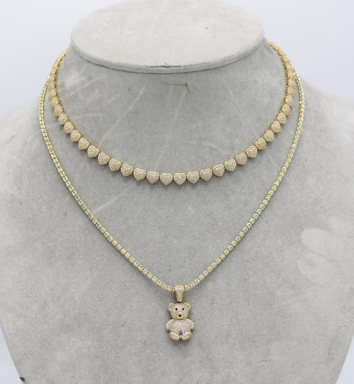 14k Combo Heart Choker with Ice Chain with Teddy Bear Cz Stones Yellow Gold