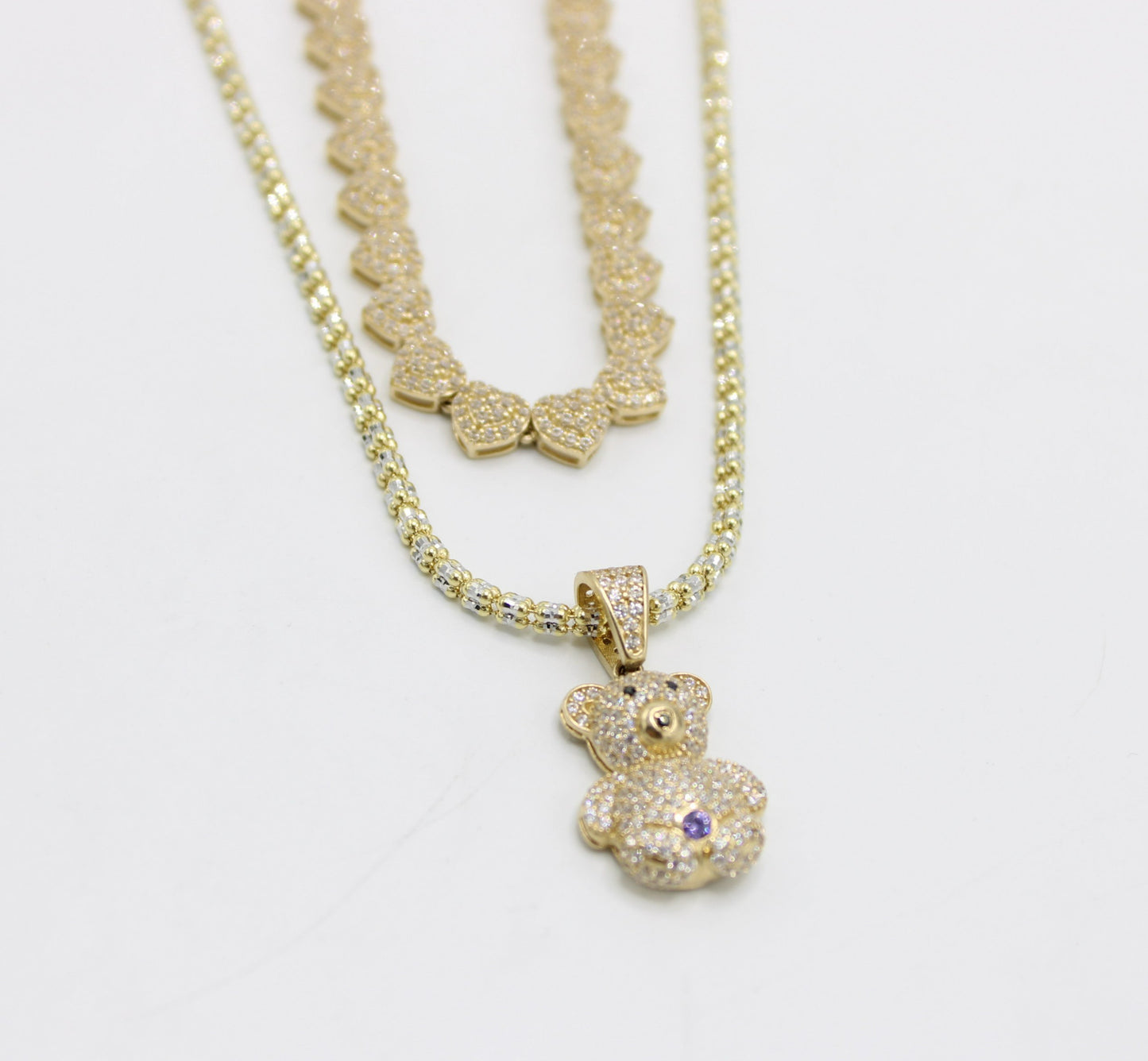 14k Combo Heart Choker with Ice Chain with Teddy Bear Cz Stones Yellow Gold