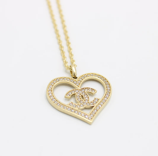 14K Heart Pendant Cz Stones with Flat Cuban Chain Yellow Gold