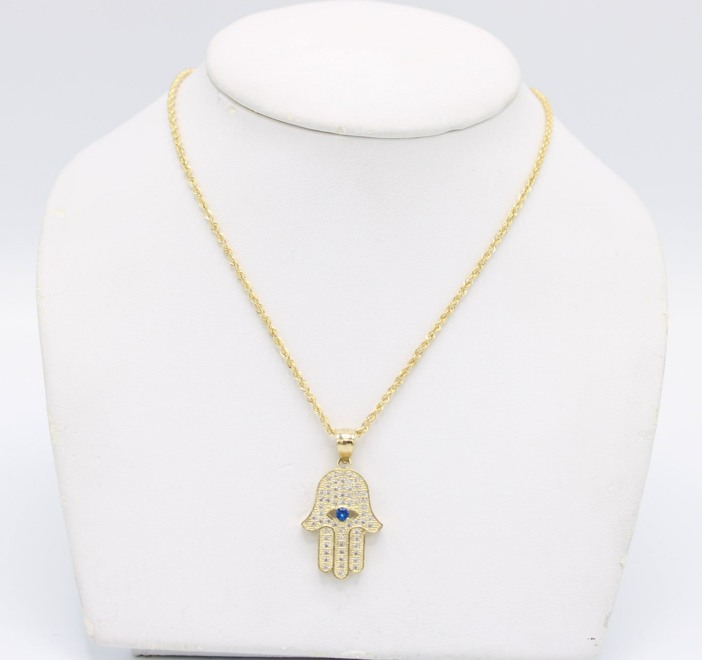 14k Hamsa Pendant Cz Stones with Rope Chain Yellow Gold