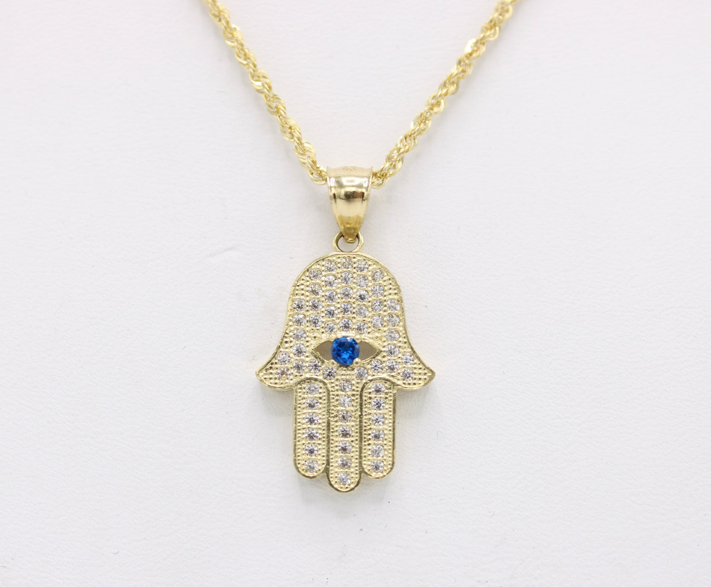 14k Hamsa Pendant Cz Stones with Rope Chain Yellow Gold