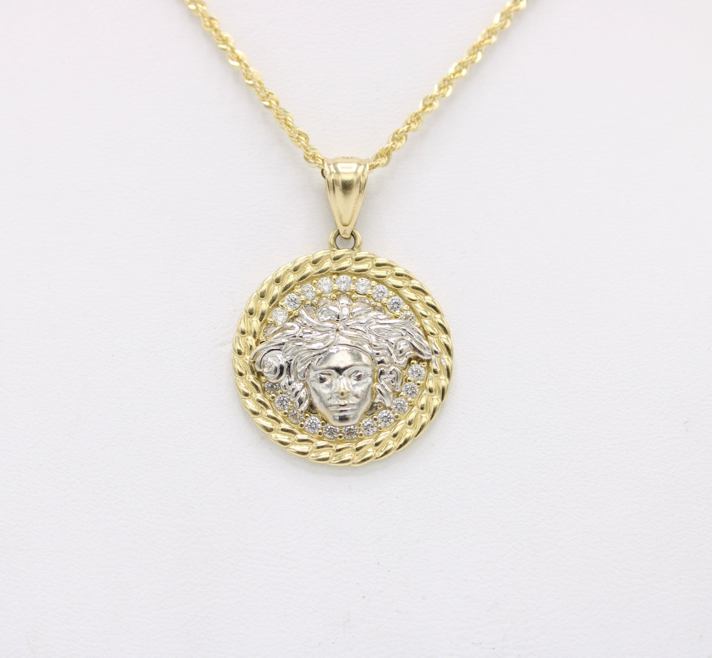 14k Medusa Pendant Cz Stones with Rope Chain Yellow Gold