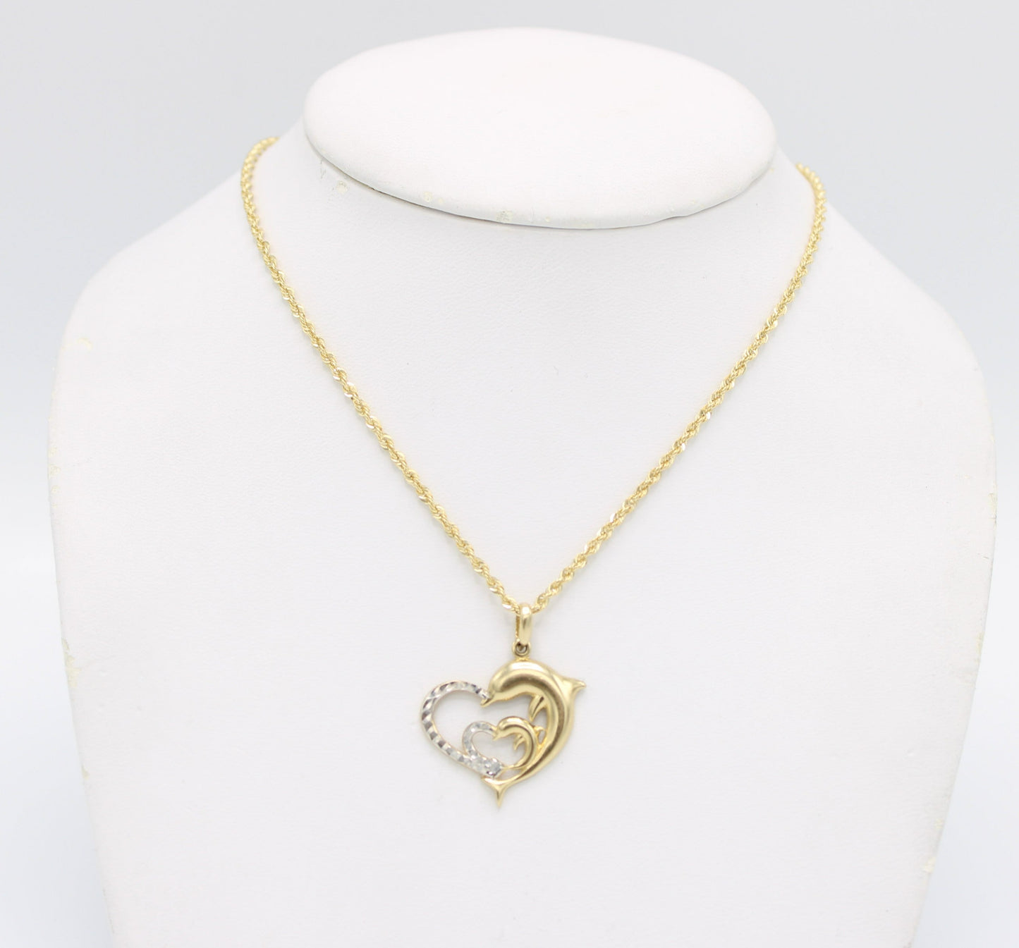 14K Heart Pendant Two Tones  with Rope Chain Yellow Gold