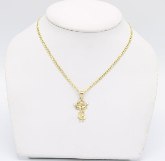 14K Divino Niño Pendant with Cuban Chain Yellow Gold