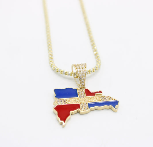 14K Dominican Map Pendant with Ice Chain Yellow Gold