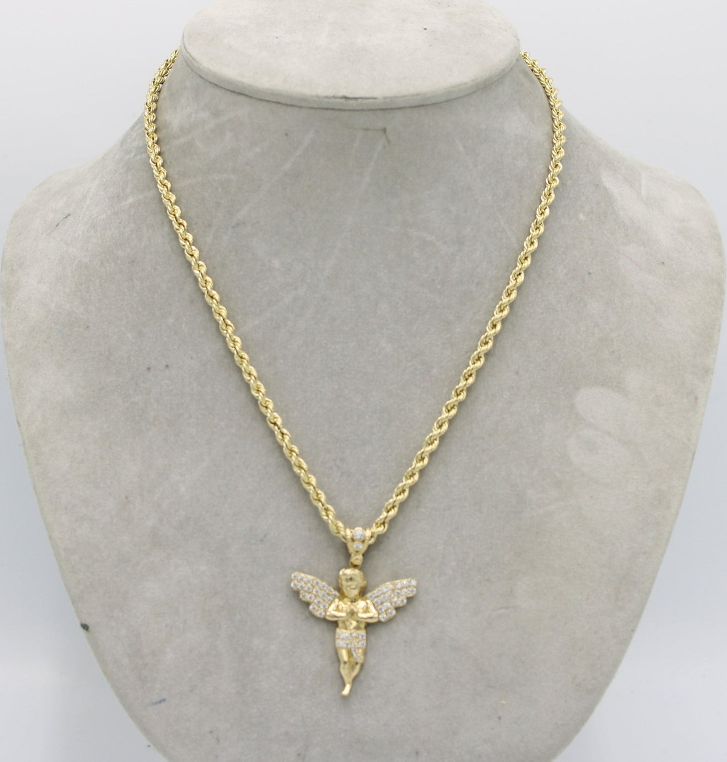 14K Angel Pendant Cz Stones with Rope Chain Yellow Gold