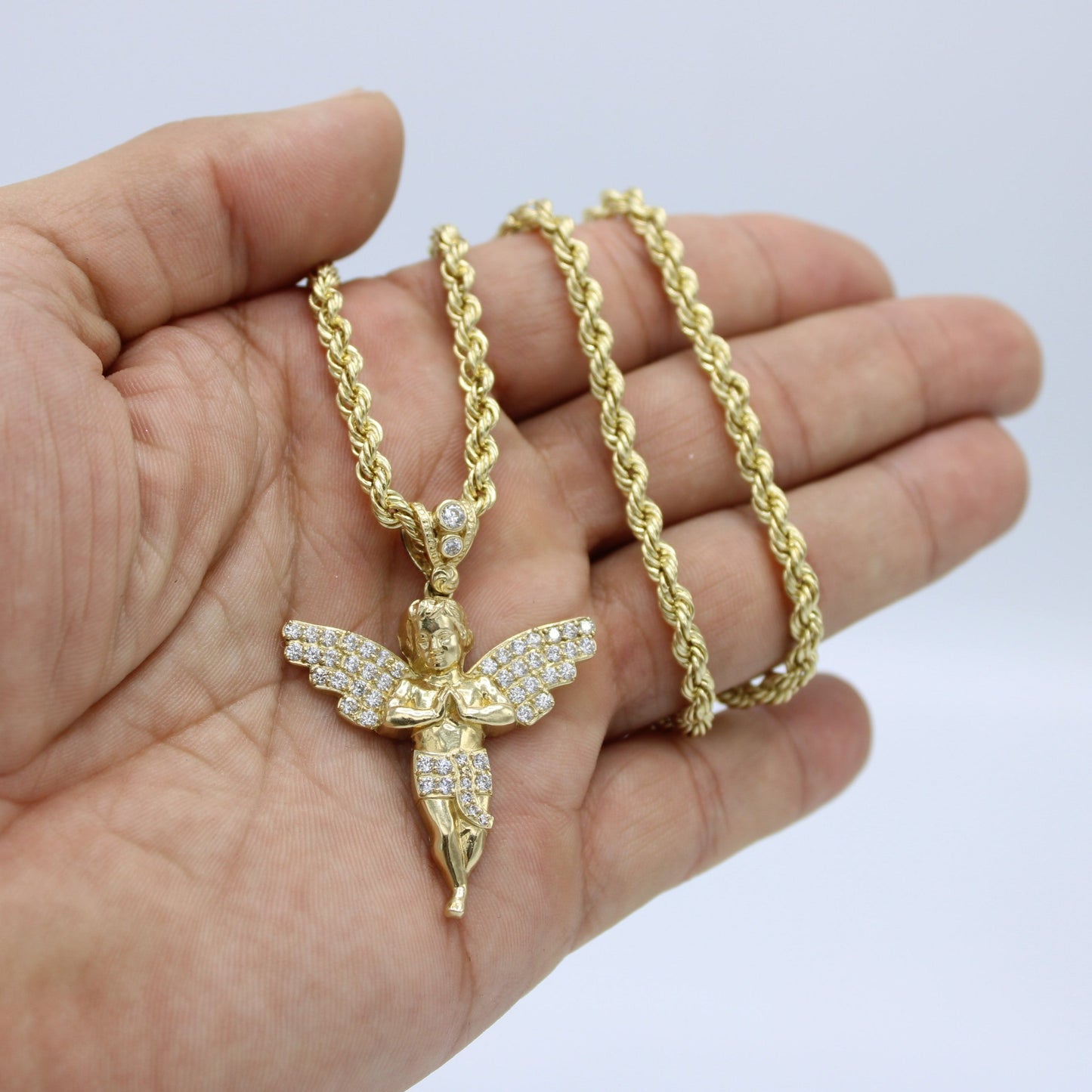 14K Angel Pendant Cz Stones with Rope Chain Yellow Gold