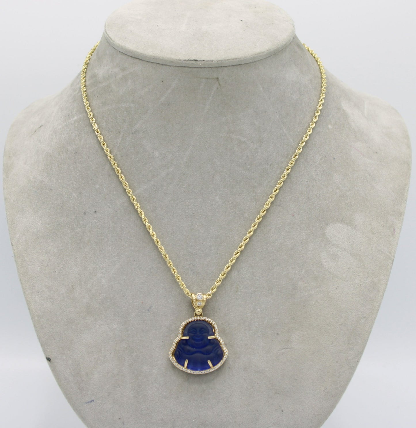 14K Buda (Blue) Pendant Cz Stones with Rope Chain Yellow Gold