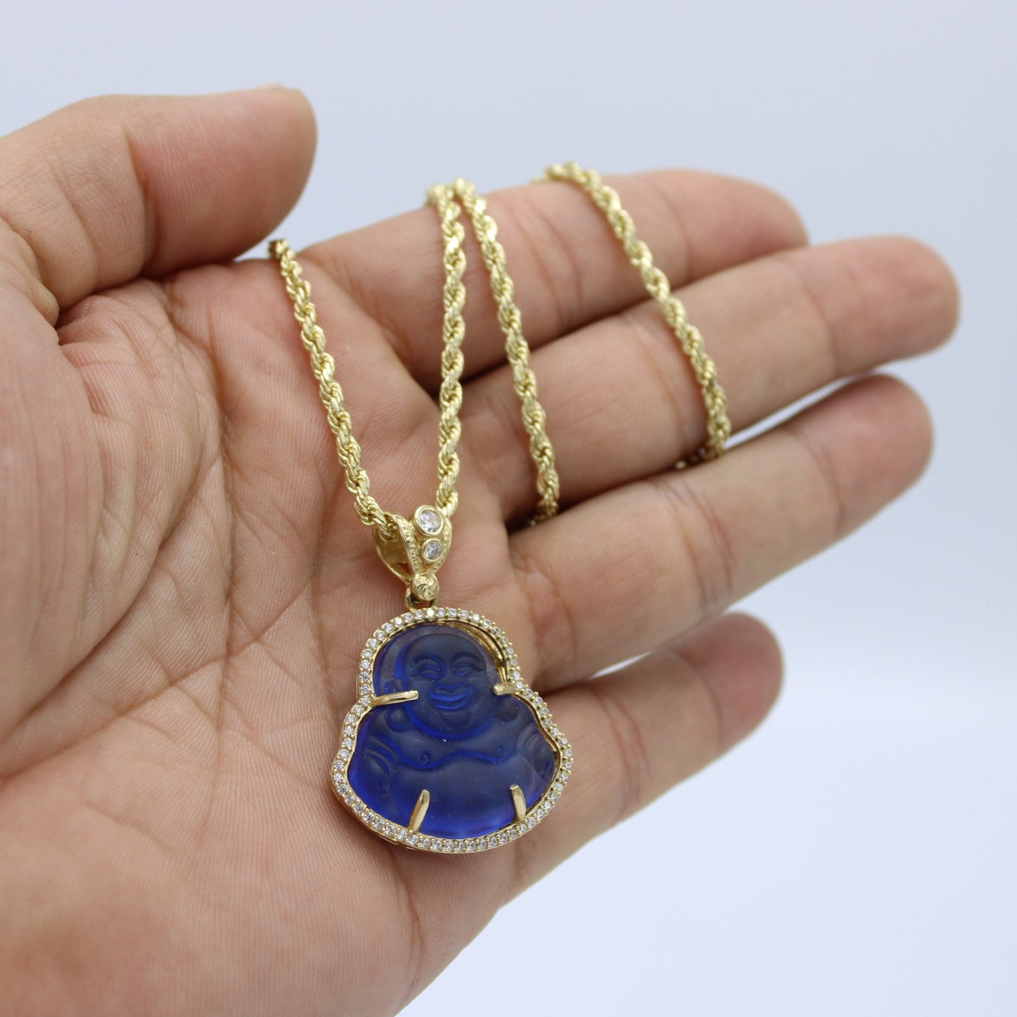 14K Buda (Blue) Pendant Cz Stones with Rope Chain Yellow Gold