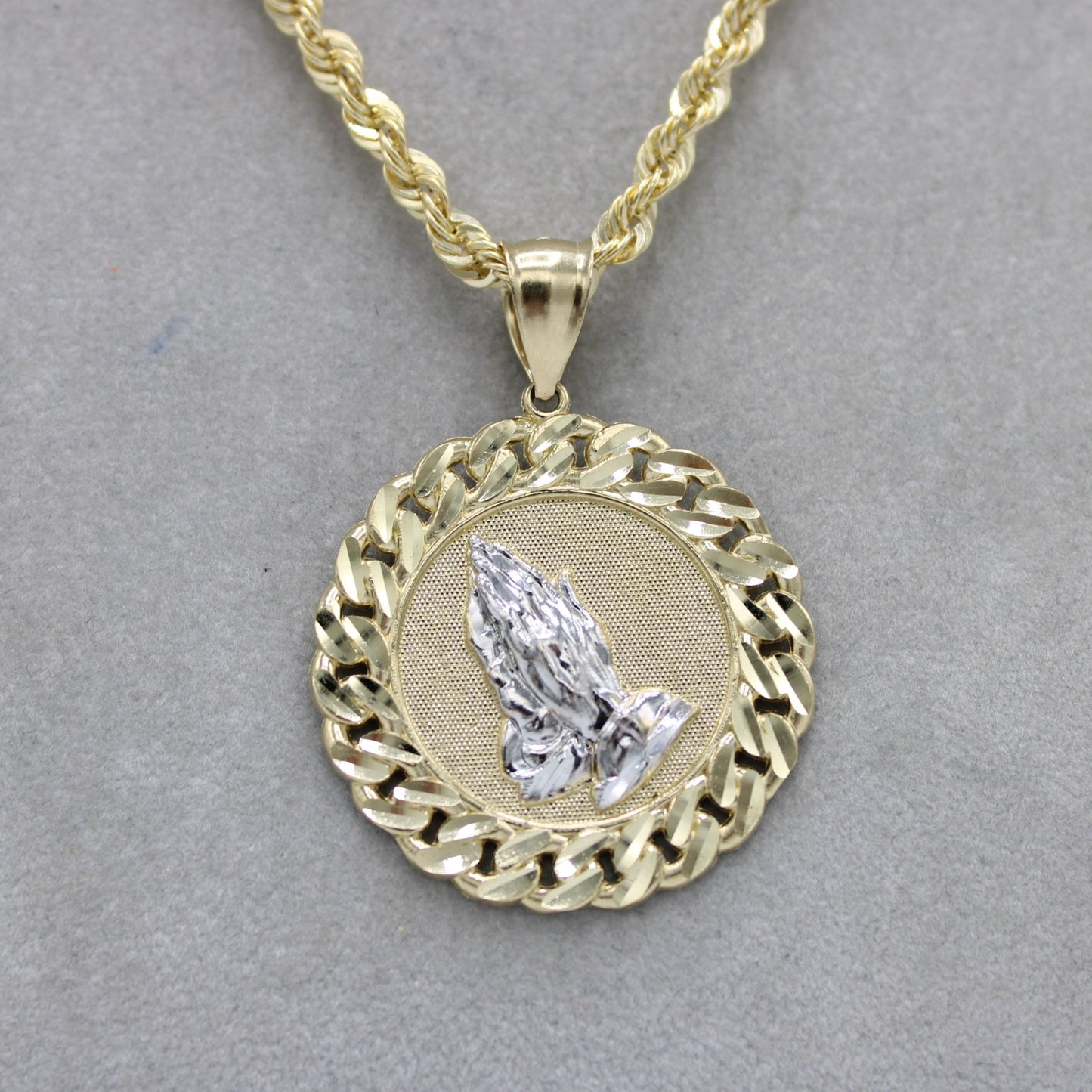 14K Pray Hands Pendant Two Tones with Rope Chain Yellow Gold