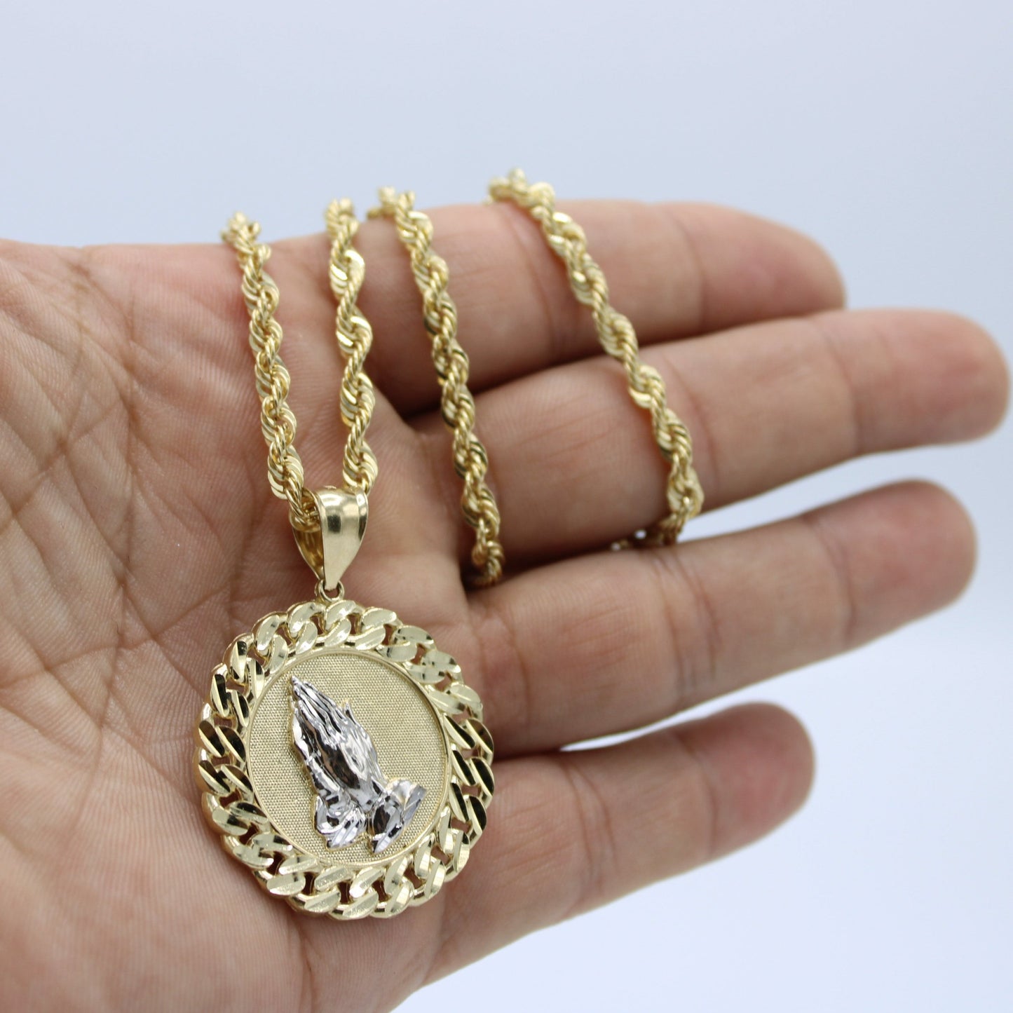 14K Pray Hands Pendant Two Tones with Rope Chain Yellow Gold