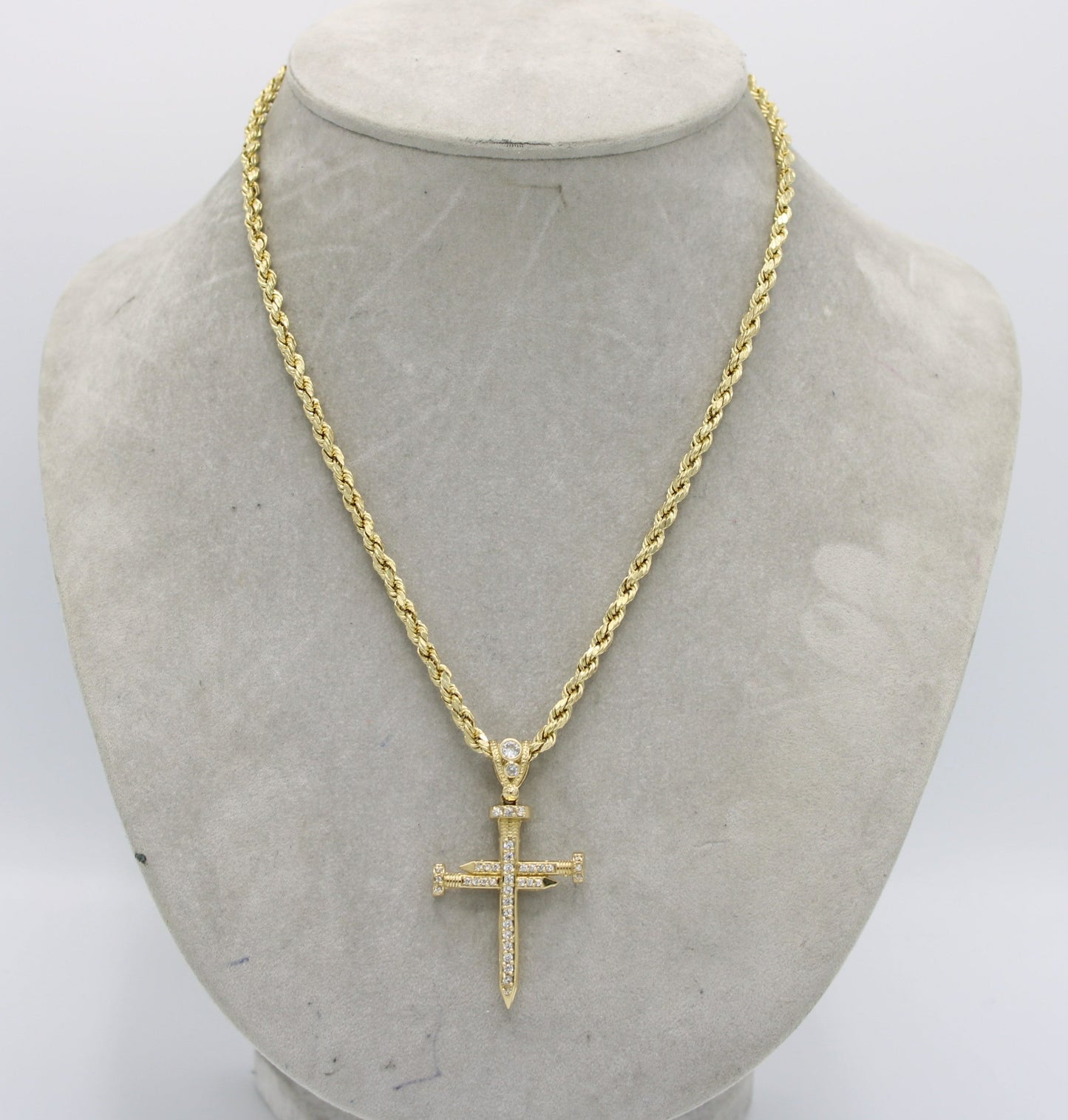 14K Cross Pendant Cz Stones with Rope Chain Yellow Gold