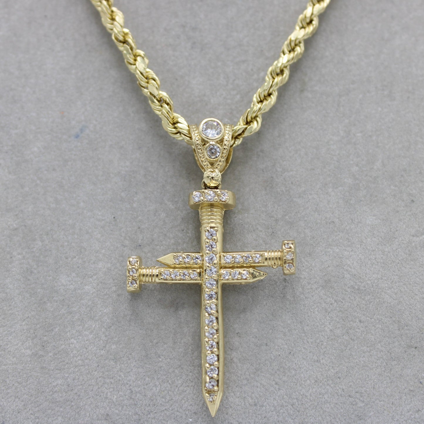 14K Cross Pendant Cz Stones with Rope Chain Yellow Gold