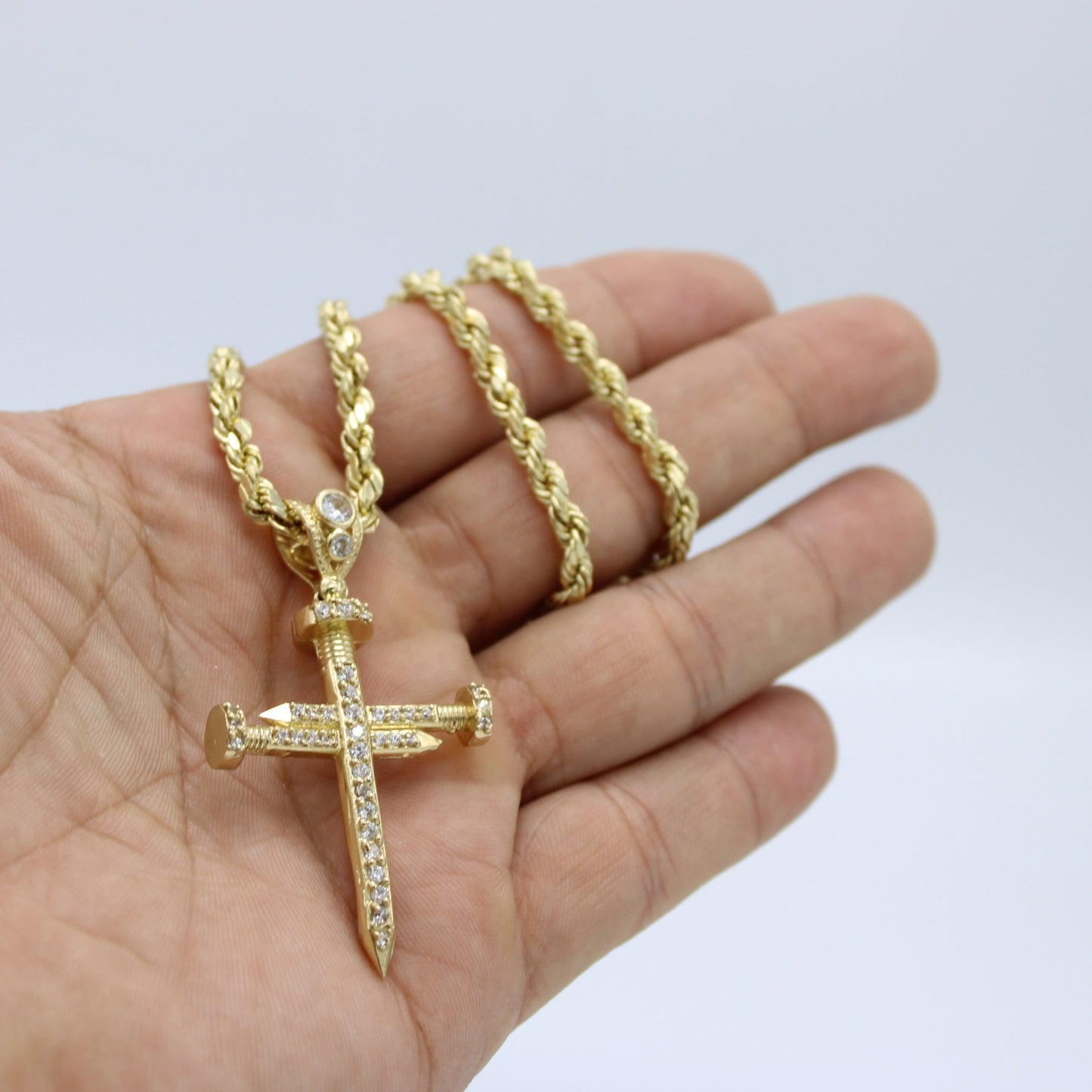 14K Cross Pendant Cz Stones with Rope Chain Yellow Gold