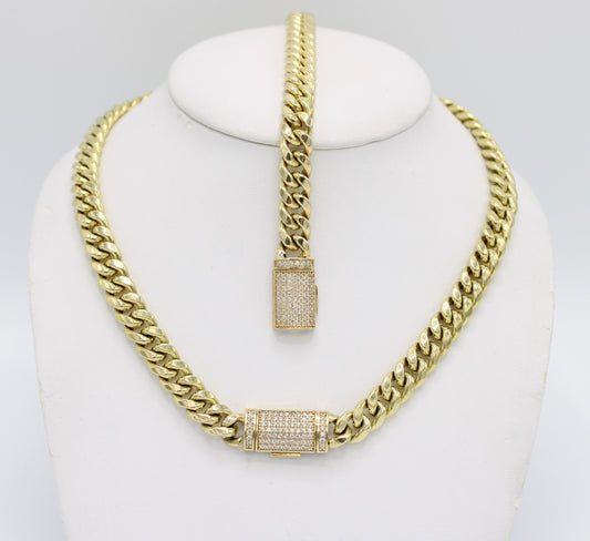 14K Set Choker Miami Cuban Cz Stones Yellow Gold