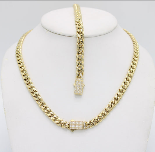 14K Set Choker Miami Cuban Link Cz Stones Yellow Gold